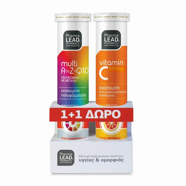 PHARMALEAD Multi+ A-Z & Q10 Βιταμίνη 20 αναβράζοντα δισκία & Vitamin C 1000mg 20 αναβράζοντα δισκία για Ενέργεια Multiflavoured